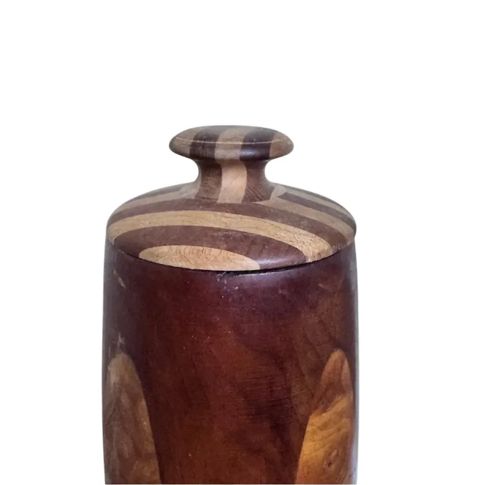 Vintage 1940s Wood Inlay Lidded Vase Artist Signed Unique MCM Home Decor